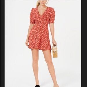 Speechless Boho Orange Floral V-neck short Puff Sleeve A-line Mini Dress